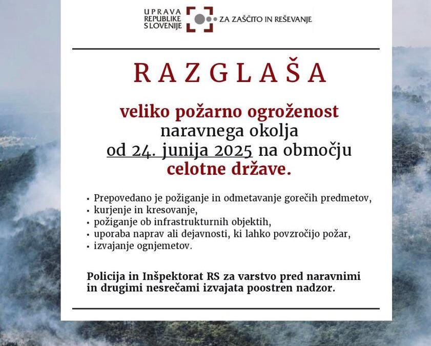 Razglas velike požarne ogroženost naravnega okolja na območju celotne Slovenije
