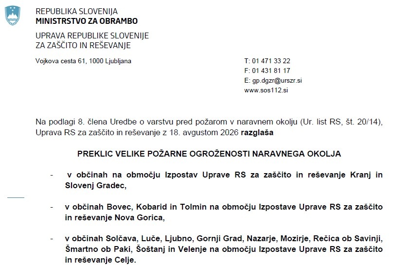 Preklic velike požarne ogroženosti v občini Kobarid